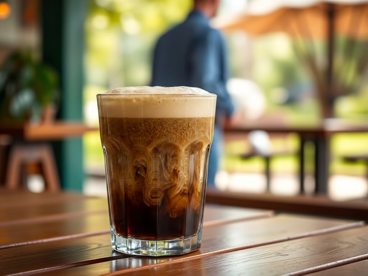 nitro-coffee-background-not-a-coffee-shop-but-a A fresh glass of nitro cold brew coffee featuring a cascading waterfall effect and a thick, creamy foam head.