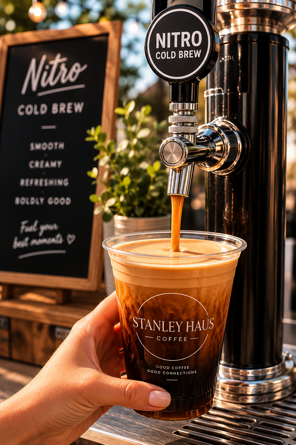 Cascading dark nitro cold brew being poured from a tap into a clear glass, releasing a creamy, foamy head.